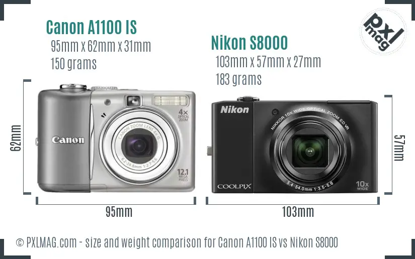 Canon A1100 IS vs Nikon S8000 size comparison