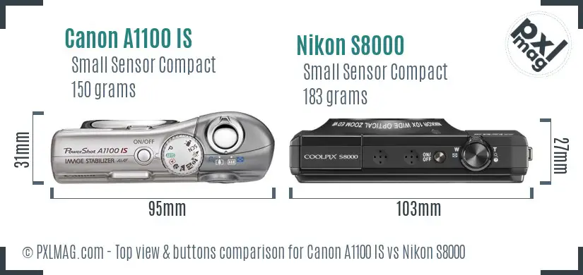 Canon A1100 IS vs Nikon S8000 top view buttons comparison