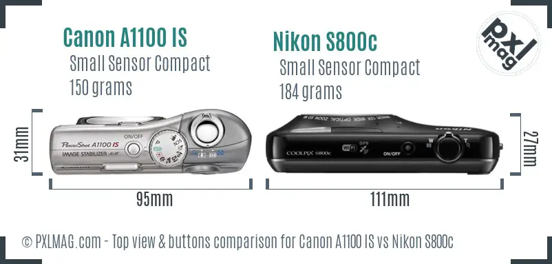 Canon A1100 IS vs Nikon S800c top view buttons comparison