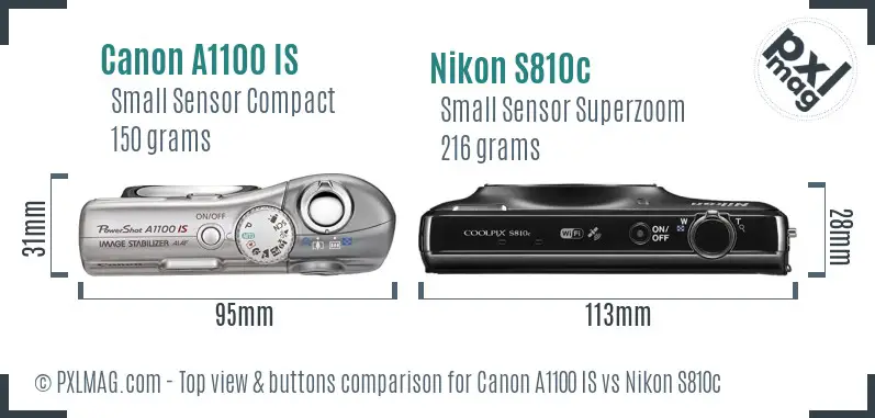 Canon A1100 IS vs Nikon S810c top view buttons comparison