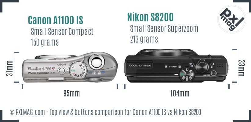Canon A1100 IS vs Nikon S8200 top view buttons comparison