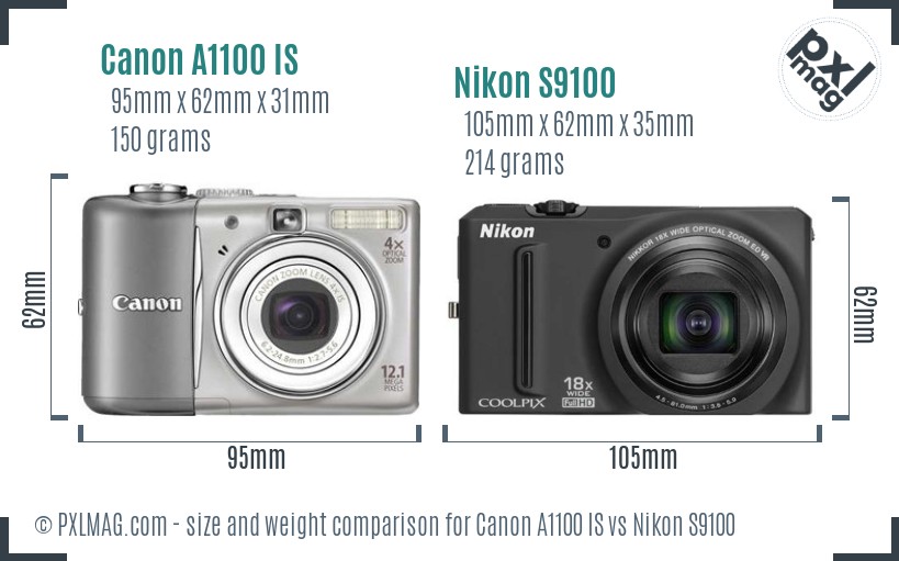 Canon A1100 IS vs Nikon S9100 size comparison
