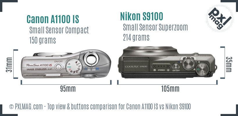 Canon A1100 IS vs Nikon S9100 top view buttons comparison