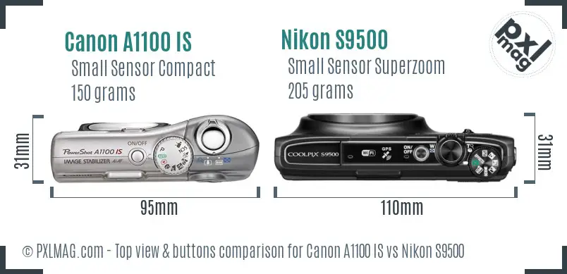 Canon A1100 IS vs Nikon S9500 top view buttons comparison