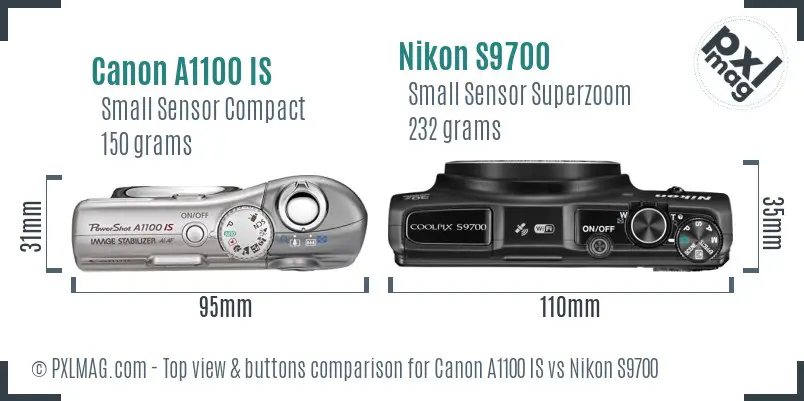 Canon A1100 IS vs Nikon S9700 top view buttons comparison