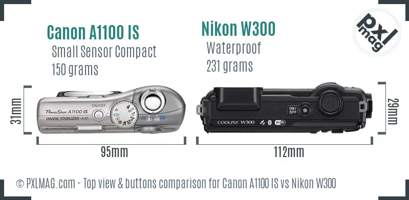 Canon A1100 IS vs Nikon W300 top view buttons comparison