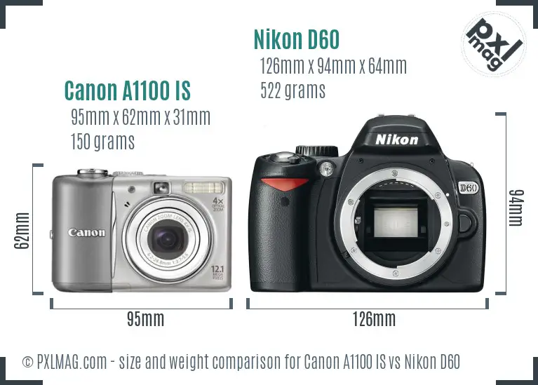 Canon A1100 IS vs Nikon D60 size comparison