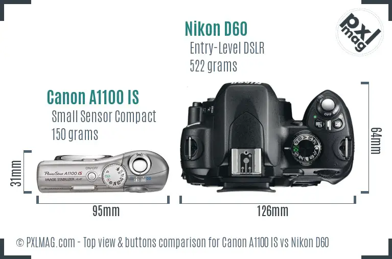 Canon A1100 IS vs Nikon D60 top view buttons comparison