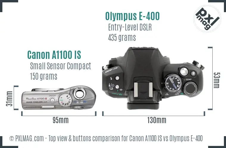 Canon A1100 IS vs Olympus E-400 top view buttons comparison