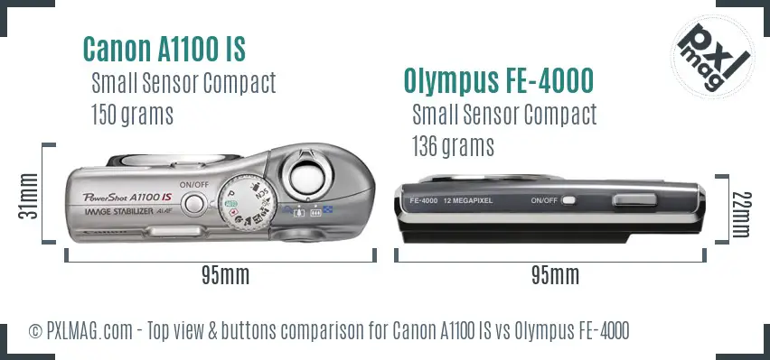 Canon A1100 IS vs Olympus FE-4000 top view buttons comparison Canon A1100 IS vs Olympus FE-4000 top view buttons comparison