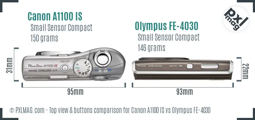 Canon A1100 IS vs Olympus FE-4030 top view buttons comparison