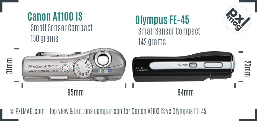 Canon A1100 IS vs Olympus FE-45 top view buttons comparison