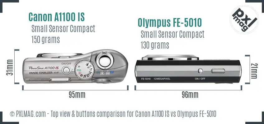 Canon A1100 IS vs Olympus FE-5010 top view buttons comparison