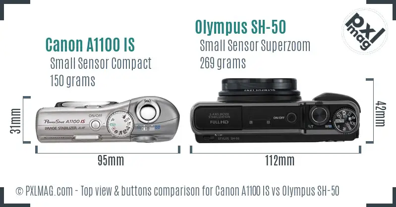 Canon A1100 IS vs Olympus SH-50 top view buttons comparison