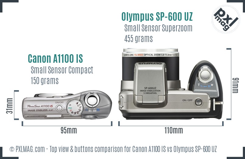 Canon A1100 IS vs Olympus SP-600 UZ top view buttons comparison