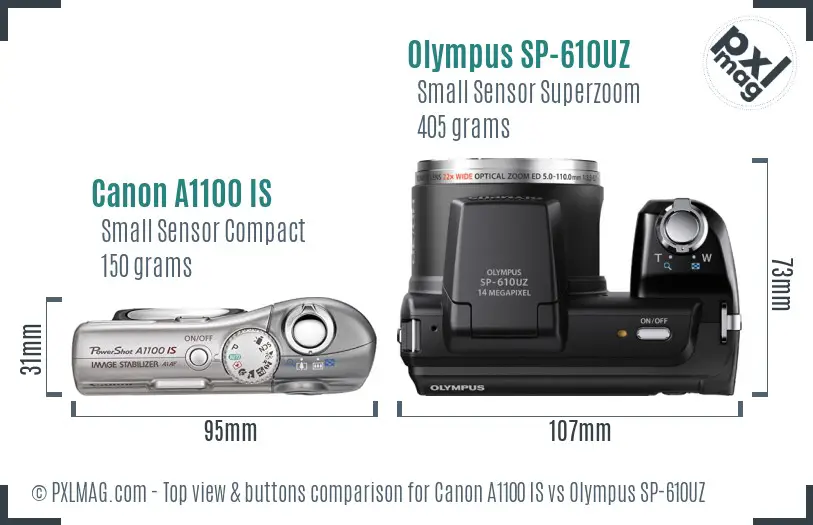 Canon A1100 IS vs Olympus SP-610UZ top view buttons comparison Canon A1100 IS vs Olympus SP-610UZ top view buttons comparison