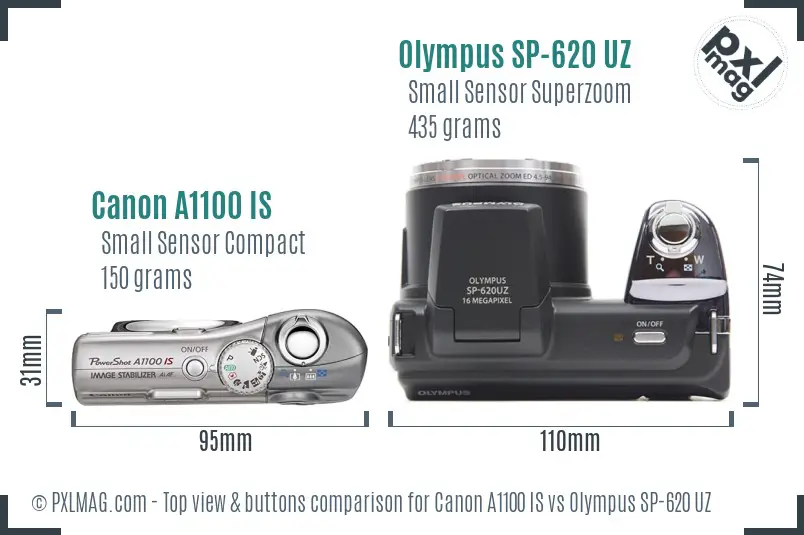 Canon A1100 IS vs Olympus SP-620 UZ top view buttons comparison Canon A1100 IS vs Olympus SP-620 UZ top view buttons comparison