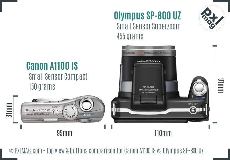 Canon A1100 IS vs Olympus SP-800 UZ top view buttons comparison