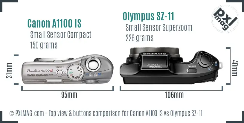 Canon A1100 IS vs Olympus SZ-11 top view buttons comparison