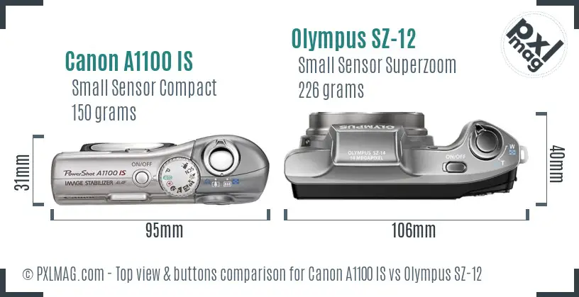 Canon A1100 IS vs Olympus SZ-12 top view buttons comparison Canon A1100 IS vs Olympus SZ-12 top view buttons comparison