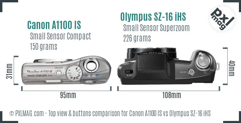 Canon A1100 IS vs Olympus SZ-16 iHS top view buttons comparison Canon A1100 IS vs Olympus SZ-16 iHS top view buttons comparison