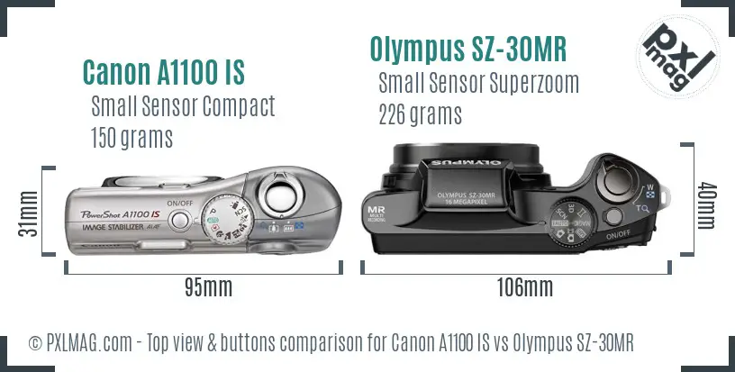 Canon A1100 IS vs Olympus SZ-30MR top view buttons comparison