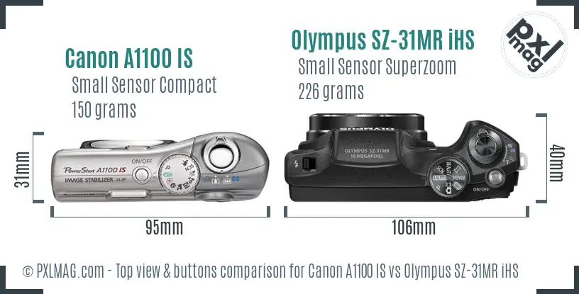 Canon A1100 IS vs Olympus SZ-31MR iHS top view buttons comparison