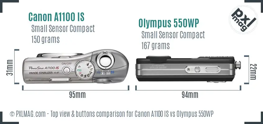 Canon A1100 IS vs Olympus 550WP top view buttons comparison Canon A1100 IS vs Olympus 550WP top view buttons comparison