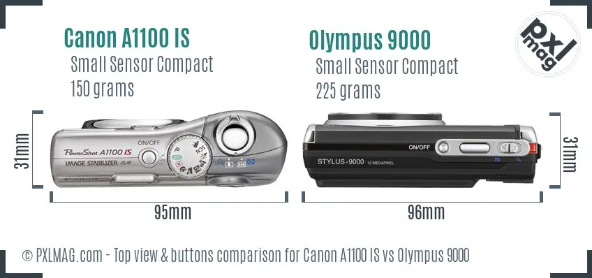 Canon A1100 IS vs Olympus 9000 top view buttons comparison