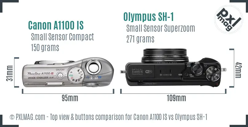 Canon A1100 IS vs Olympus SH-1 top view buttons comparison Canon A1100 IS vs Olympus SH-1 top view buttons comparison
