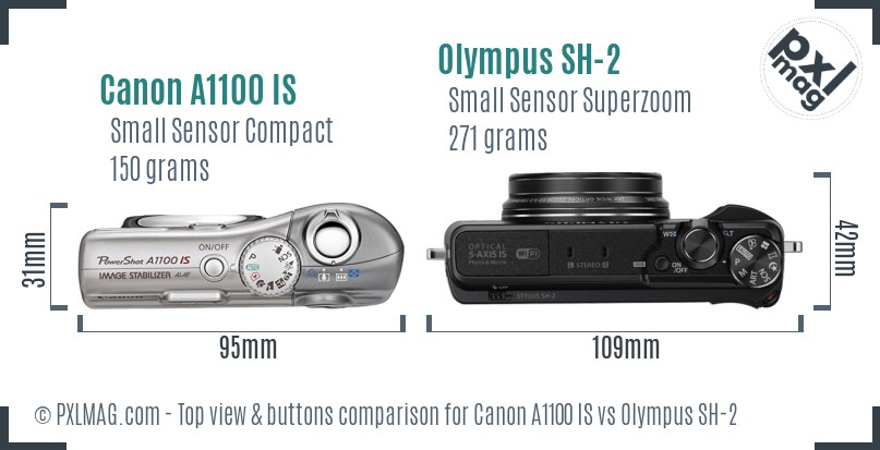 Canon A1100 IS vs Olympus SH-2 top view buttons comparison