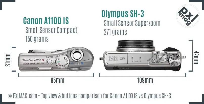 Canon A1100 IS vs Olympus SH-3 top view buttons comparison