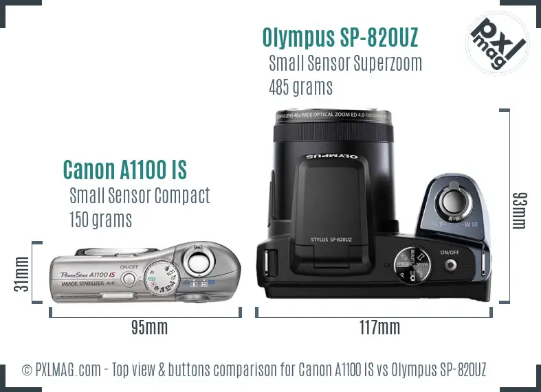 Canon A1100 IS vs Olympus SP-820UZ top view buttons comparison Canon A1100 IS vs Olympus SP-820UZ top view buttons comparison