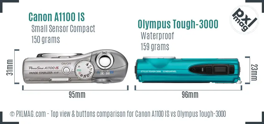 Canon A1100 IS vs Olympus Tough-3000 top view buttons comparison