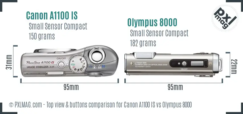 Canon A1100 IS vs Olympus 8000 top view buttons comparison