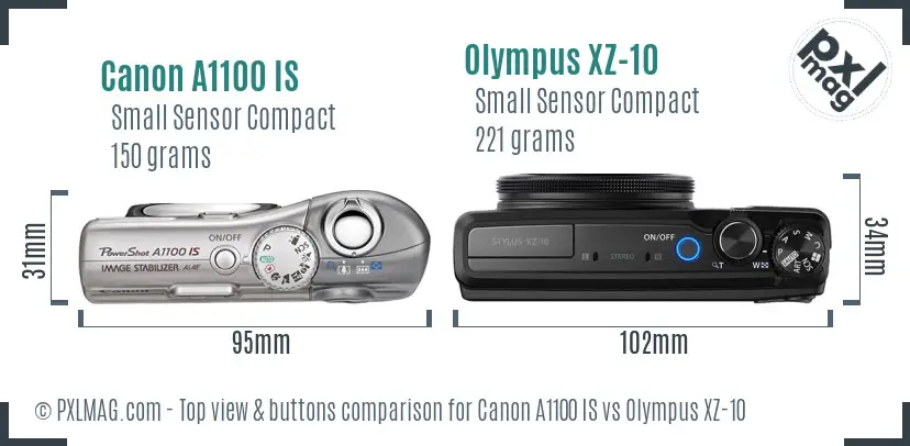 Canon A1100 IS vs Olympus XZ-10 top view buttons comparison