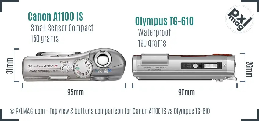 Canon A1100 IS vs Olympus TG-610 top view buttons comparison