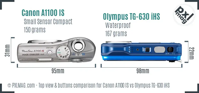 Canon A1100 IS vs Olympus TG-630 iHS top view buttons comparison