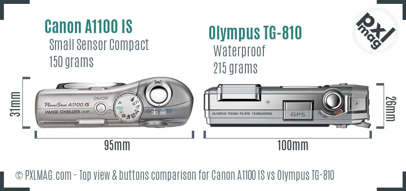 Canon A1100 IS vs Olympus TG-810 top view buttons comparison