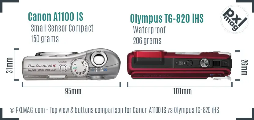 Canon A1100 IS vs Olympus TG-820 iHS top view buttons comparison