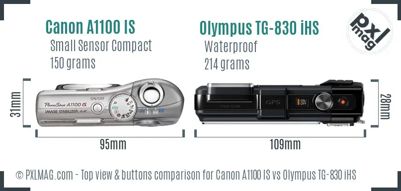 Canon A1100 IS vs Olympus TG-830 iHS top view buttons comparison