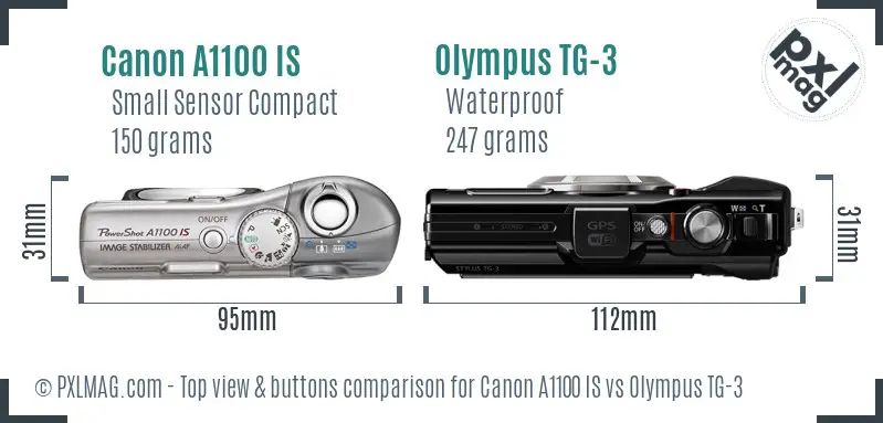 Canon A1100 IS vs Olympus TG-3 top view buttons comparison Canon A1100 IS vs Olympus TG-3 top view buttons comparison