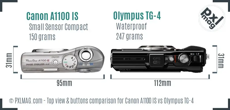Canon A1100 IS vs Olympus TG-4 top view buttons comparison Canon A1100 IS vs Olympus TG-4 top view buttons comparison