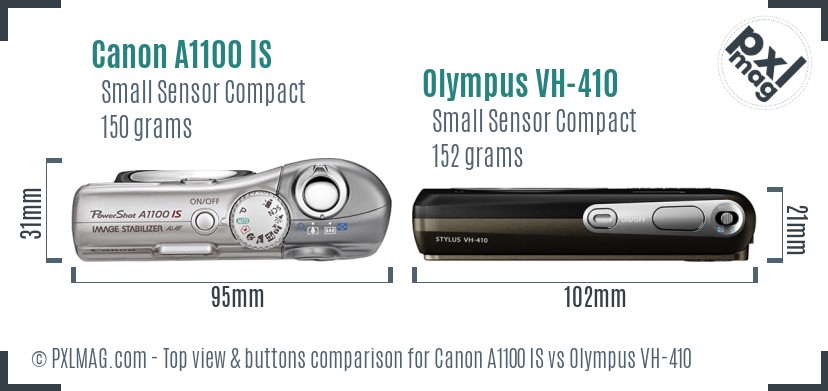 Canon A1100 IS vs Olympus VH-410 top view buttons comparison