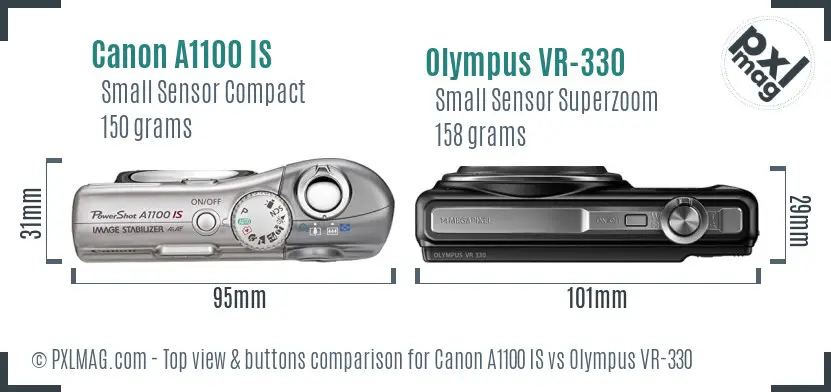 Canon A1100 IS vs Olympus VR-330 top view buttons comparison