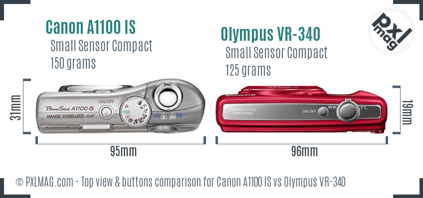 Canon A1100 IS vs Olympus VR-340 top view buttons comparison