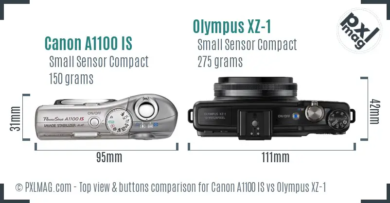 Canon A1100 IS vs Olympus XZ-1 top view buttons comparison Canon A1100 IS vs Olympus XZ-1 top view buttons comparison