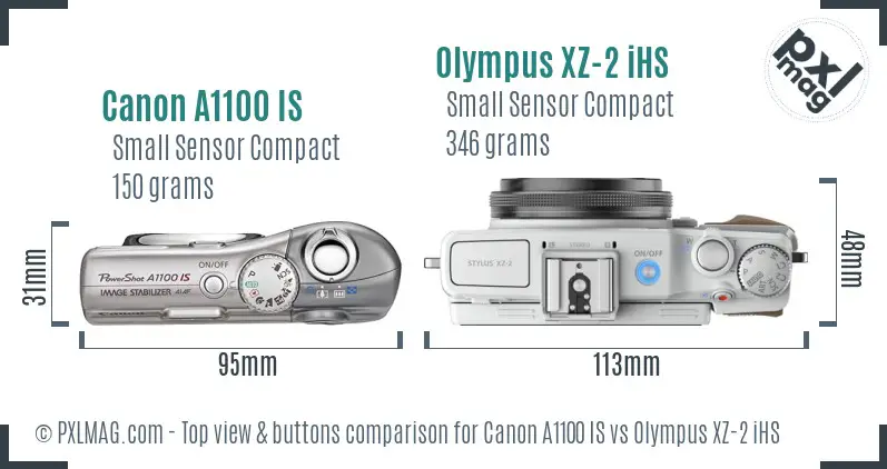 Canon A1100 IS vs Olympus XZ-2 iHS top view buttons comparison