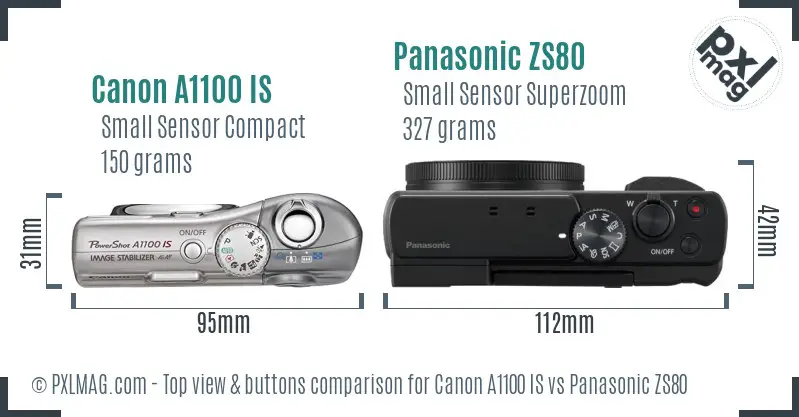 Canon A1100 IS vs Panasonic ZS80 top view buttons comparison