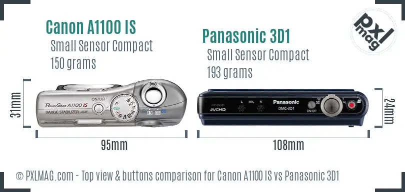 Canon A1100 IS vs Panasonic 3D1 top view buttons comparison